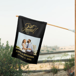Black & Gold Just Married Typography Custom  Photo House Flag