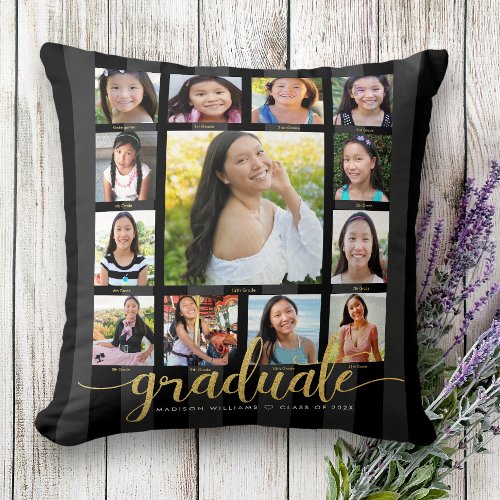 Black Gold K12 Photo Collage Graduation Script Throw Pillow