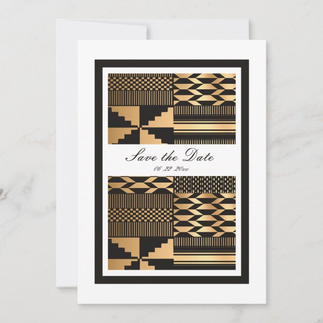 Black - Gold Kente (White) Save The Date (Front)