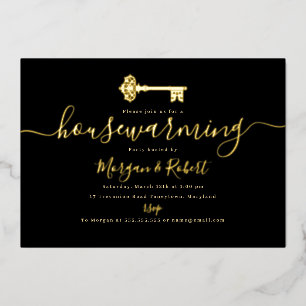 Black Gold Key Housewarming Party  Foil Invitation
