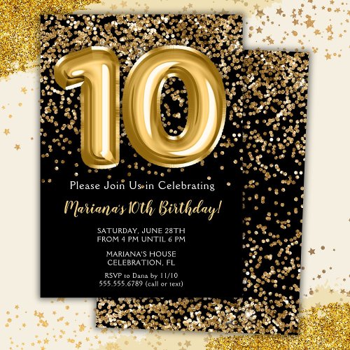 Black Gold Kids Girl 10th Birthday Party Invitatio Invitation