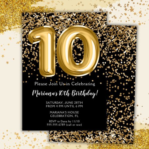 Black Gold Kids Girl 10th Birthday Party Invitation