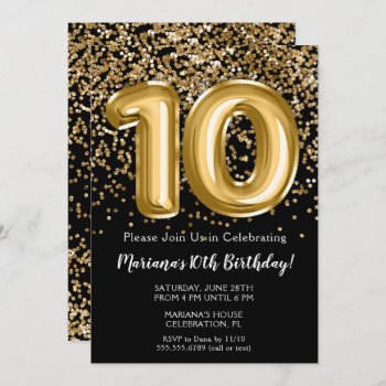 Black Gold Kids Girl 10th Birthday Party Invitation by WittyPrintables at Zazzle