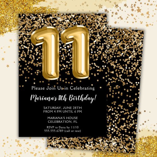 Black Gold Kids Girl 11th Birthday Party Invitation