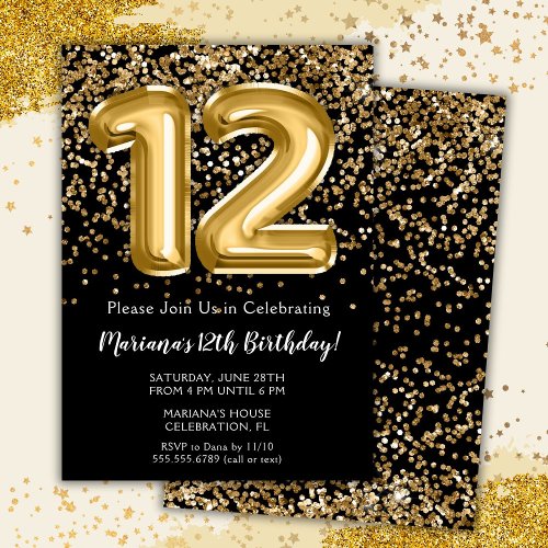 Black Gold Kids Girl 12th Birthday Party Invitation