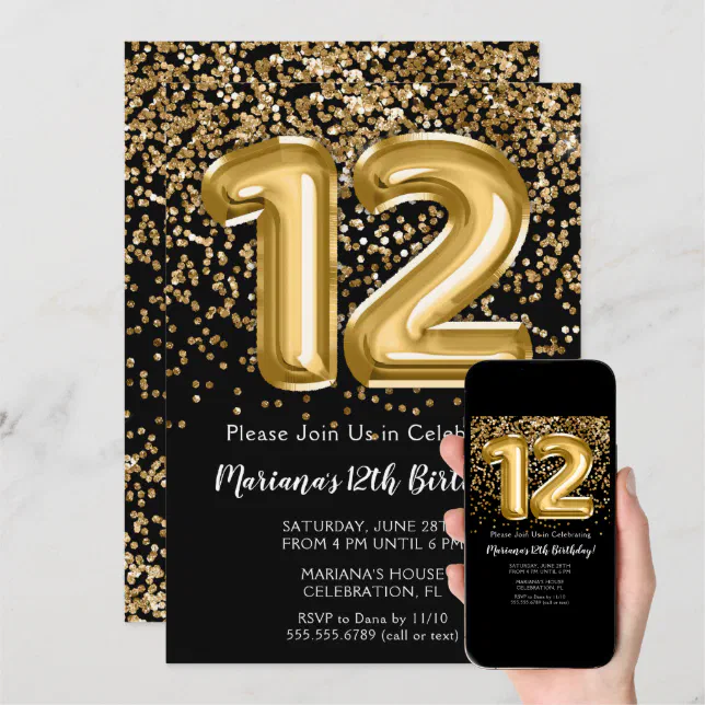 Black Gold Kids Girl 12th Birthday Party Invitation | Zazzle