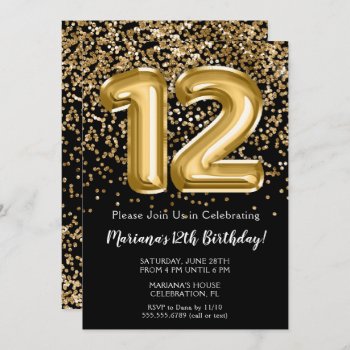 Black Gold Kids Girl 12th Birthday Party Invitation by WittyPrintables at Zazzle
