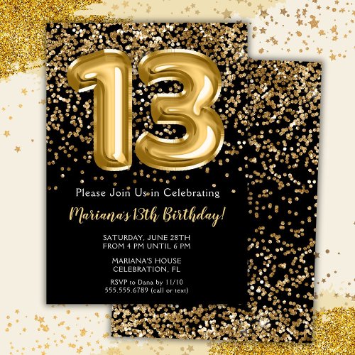 Black Gold Kids Girl 13th Birthday Party Invitatio Invitation