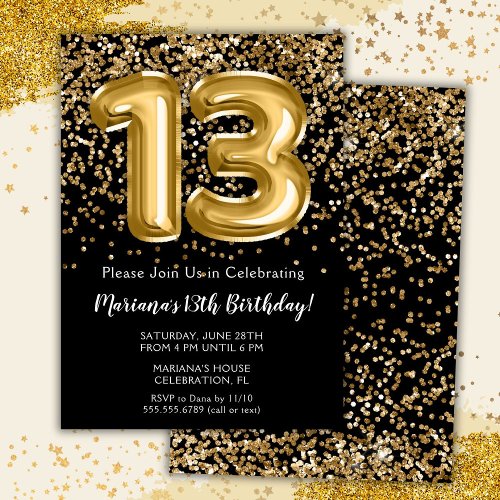 Black Gold Kids Girl 13th Birthday Party Invitation