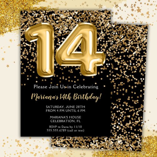 Black Gold Kids Girl 14th Birthday Party Invitatio Invitation