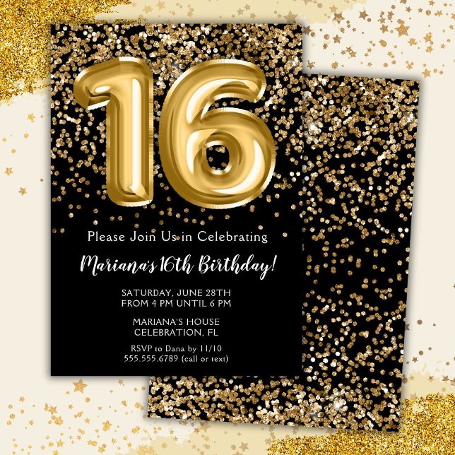 Black Gold Kids Girl 16th Birthday Party Invitation (Creator Uploaded)