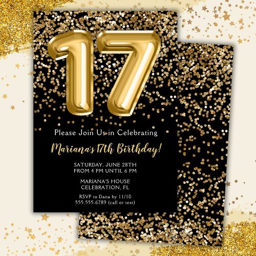 Black Gold Kids Girl 17th Birthday Party Invitatio Invitation