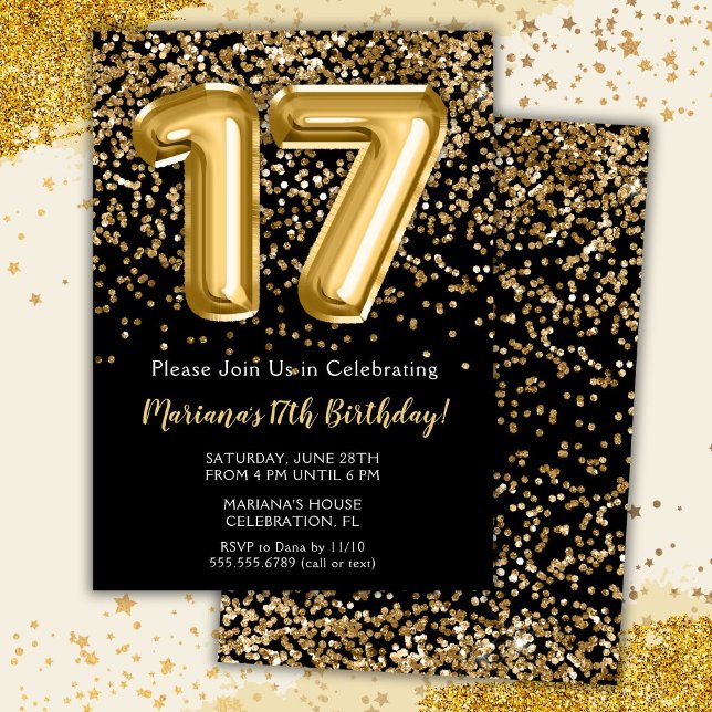 Black Gold Kids Girl 17th Birthday Party Invitatio Invitation (Creator Uploaded)