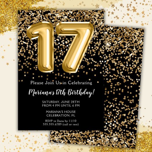 Black Gold Kids Girl 17th Birthday Party Invitation