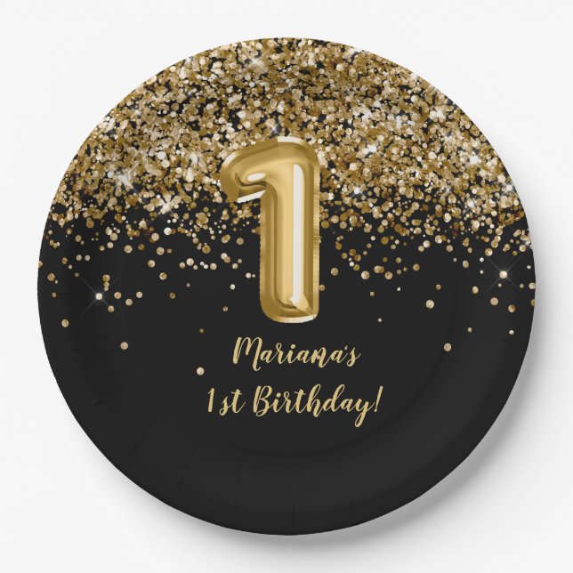 Black Gold Kids Girl 1st Birthday Party Paper Plates (Front)