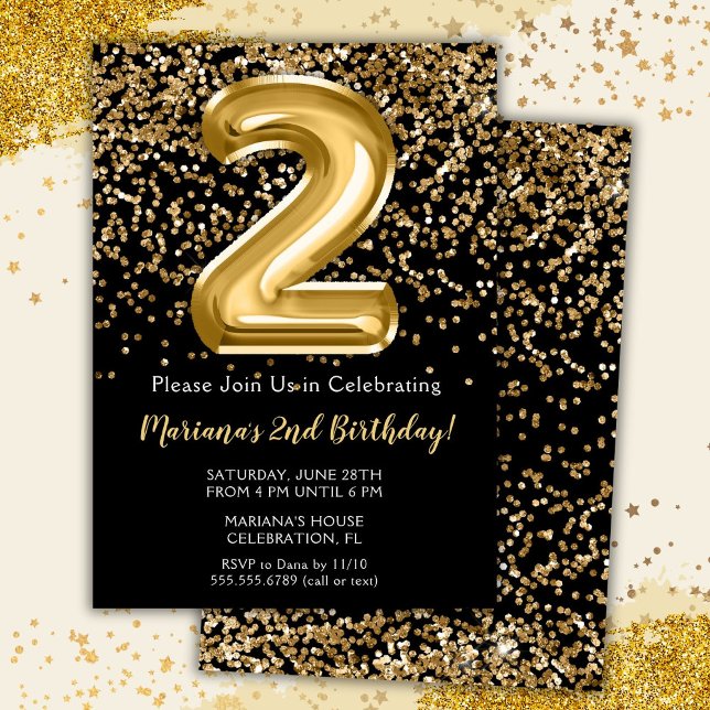 Black Gold Kids Girl 2nd Birthday Party Invitation (Creator Uploaded)