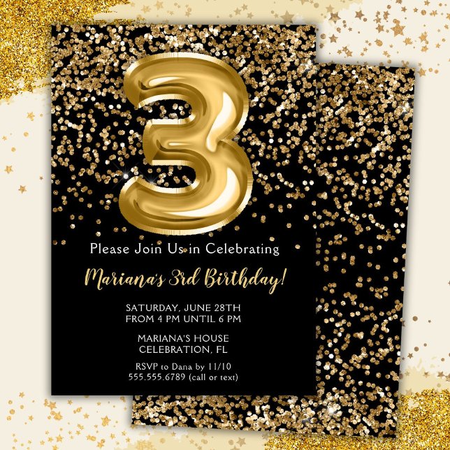 Black Gold Kids Girl 3rd Birthday Party Invitation (Creator Uploaded)