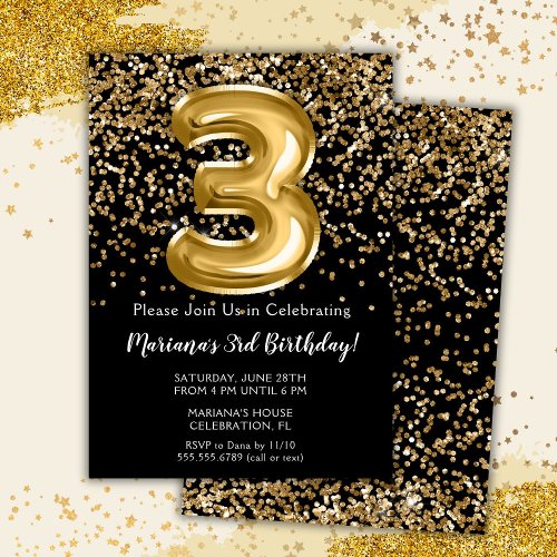 Black Gold Kids Girl 3rd Birthday Party Invitation