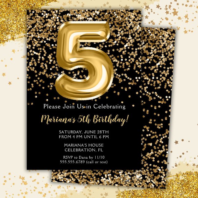 Black Gold Kids Girl 5th Birthday Party Invitation (Creator Uploaded)