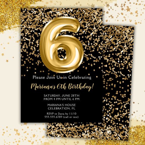 Black Gold Kids Girl 6th Birthday Party Invitation