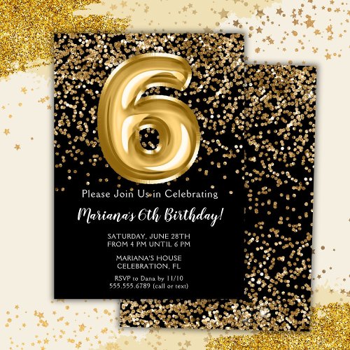 Black Gold Kids Girl 6th Birthday Party Invitation