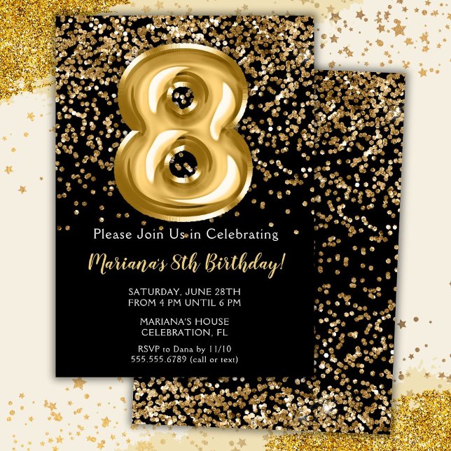 Black Gold Kids Girl 8th Birthday Party Invitation (Creator Uploaded)
