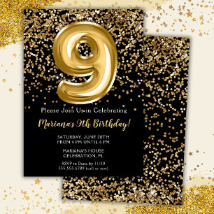 Black Gold Kids Girl 9th Birthday Party Invitation