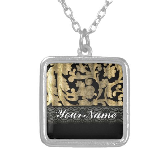 Black & gold lace damask silver plated necklace