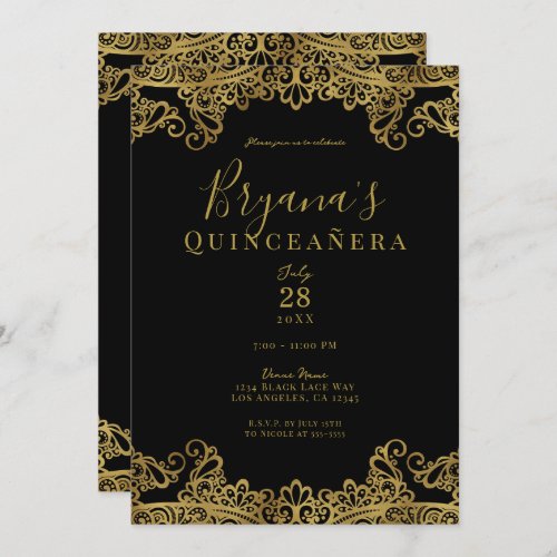 Black  Gold Lace Elegant Quinceaera Party Invitation