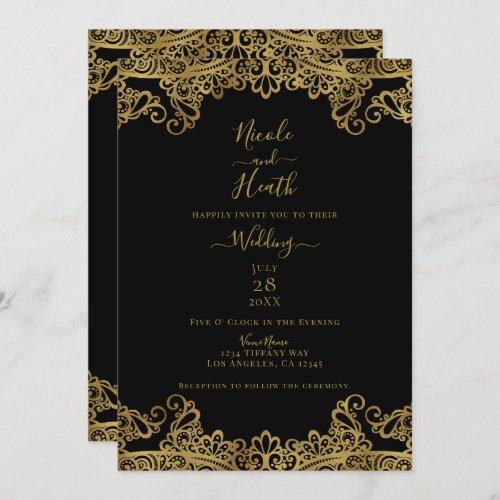 Black  Gold Lace Elegant Wedding   Invitation