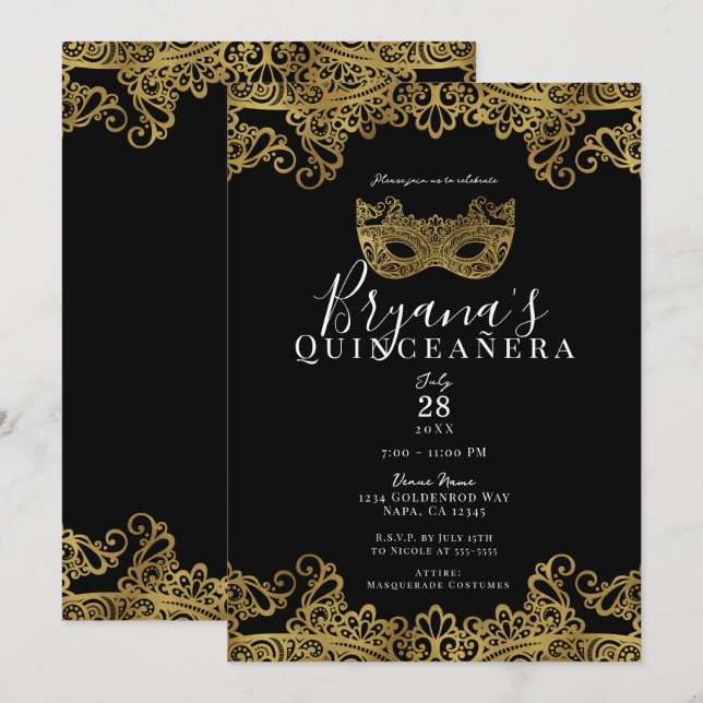 Black & Gold Lace Masquerade 15th Quinceañera   Invitation (Front/Back)