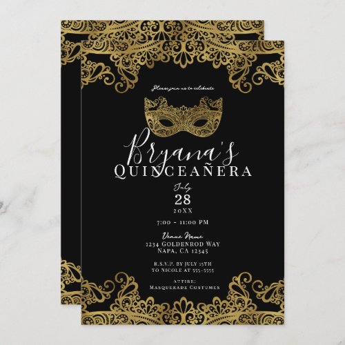 Black  Gold Lace Masquerade 15th Quinceaera   Invitation