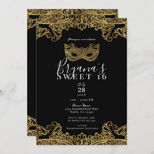 Black  Gold Lace Masquerade Sweet 16 Party Invitation