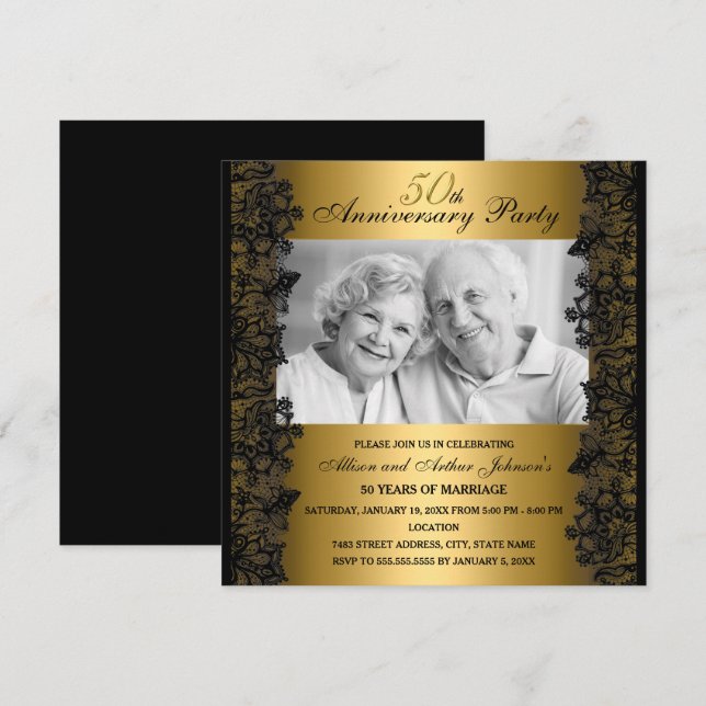 Black & Gold Lace Photo 50th Anniversary Invite (Front/Back)