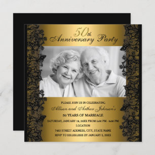 Black & Gold Lace Photo 50th Anniversary Invite