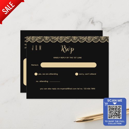 Black Gold Lace Wedding RSVP For Matching Inv Postcard