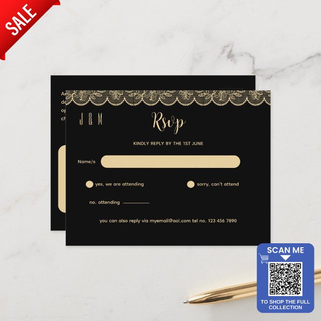 Black Gold Lace Wedding RSVP For Matching Inv Postcard (Creator Uploaded)