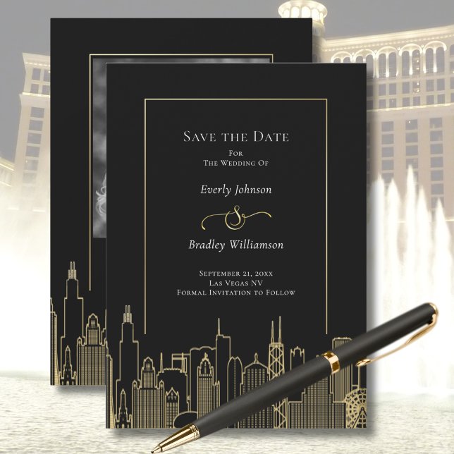 Black Gold Las Vegas Skyline Elegant Save the Date Invitation (Creator Uploaded)