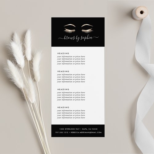 Black  Gold Lashes  Brows  Pricing or Services Rack Card