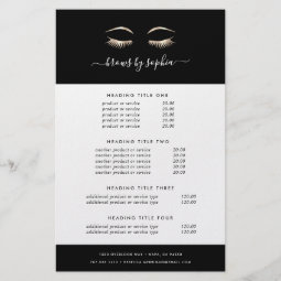 Black & Gold Lashes & Brows | Pricing & Services Flyer | Zazzle
