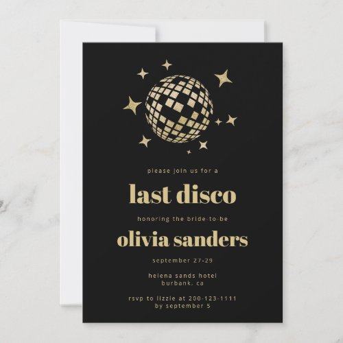 Black Gold Last Disco Bachelorette Party Invitation