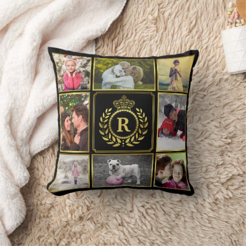 Black Gold Laurel Crown  16 Family Photo Collage Throw Pillow