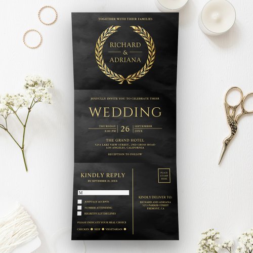 Black Gold Laurel Minimal All in One Wedding Tri_Fold Invitation