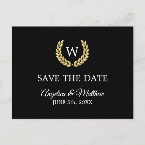 Black Gold Laurel Monogram SAVE THE DATE Wedding Announcement Postcard
