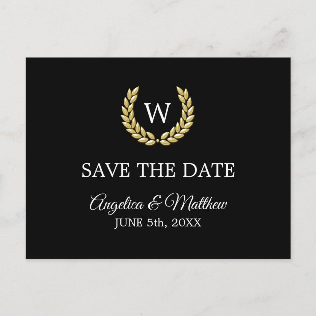 Black Gold Laurel Monogram SAVE THE DATE Wedding Announcement Postcard (Front)