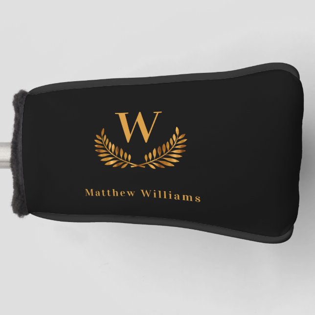 Black gold laurel name monogram golf head cover (Front)