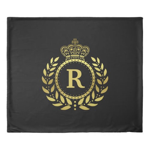 Black Gold Laurel Wreath Crown Monogram  Royal Duvet Cover