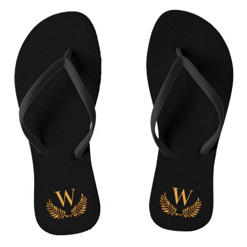 Black gold laurel wreath monogram initial letter flip flops