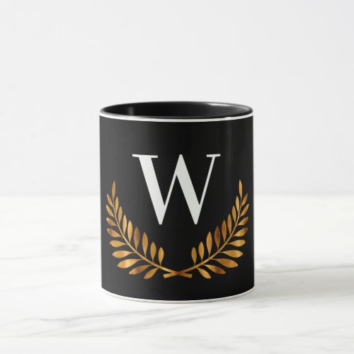 Black gold laurel wreath monogram initial mug