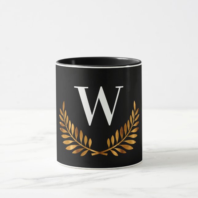 Black gold laurel wreath monogram initial mug (Center)